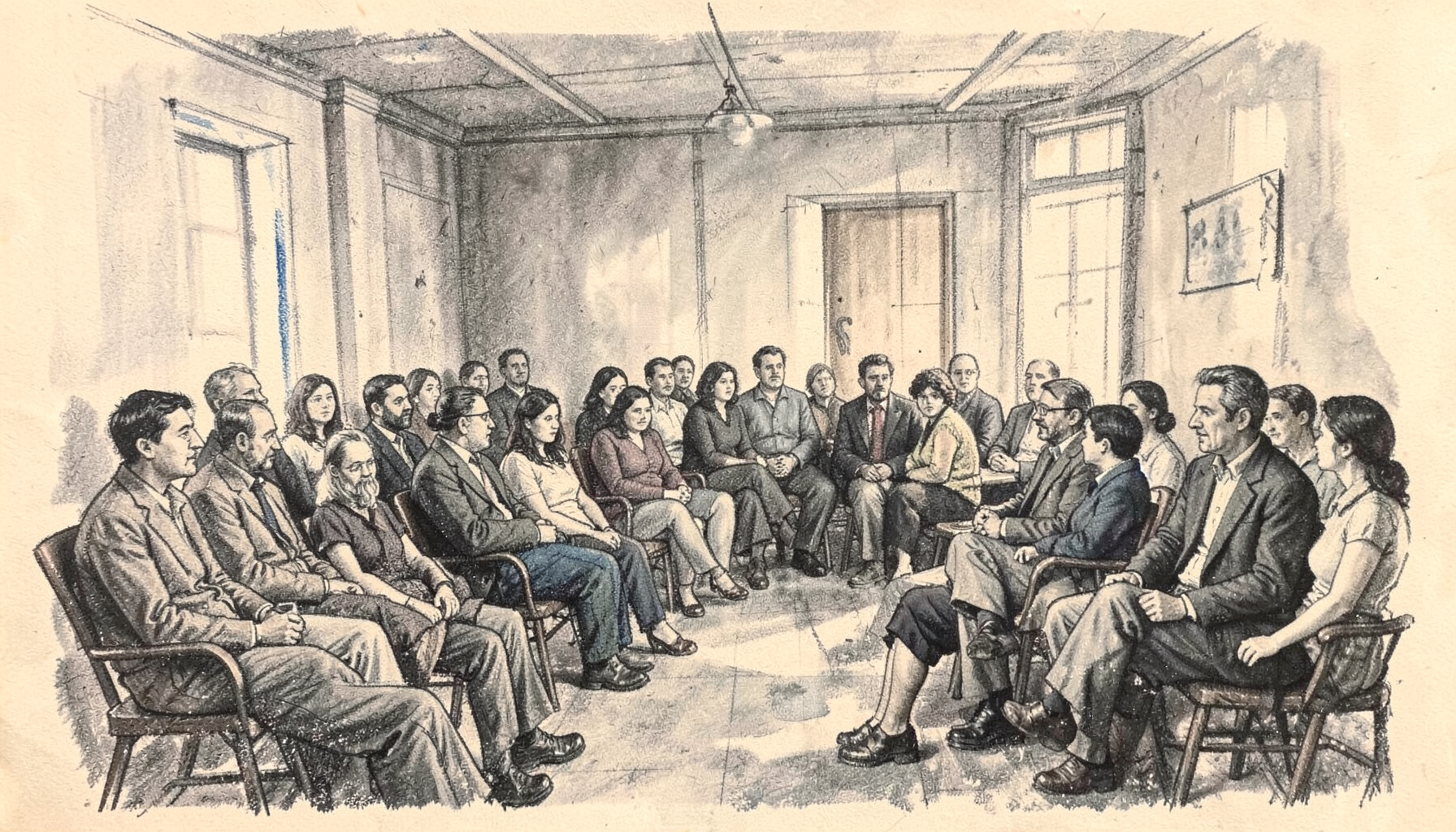 A charcoal sketch of a community meeting in a modest hall, people seated in rows listening attentively, soft grey washes and warm cream paper tone.