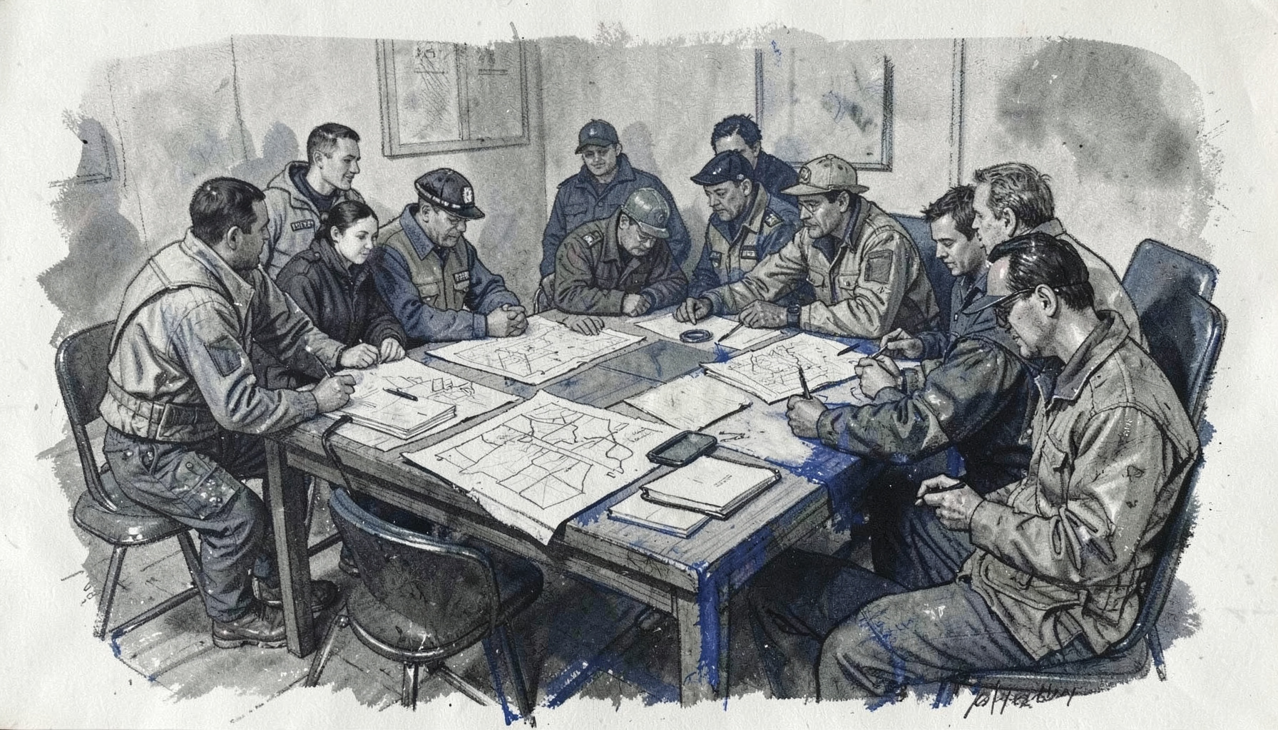 A broad charcoal drawing of emergency responders and volunteers gathered around a planning table with maps and documents, muted greys and deep blues, calm and purposeful atmosphere.