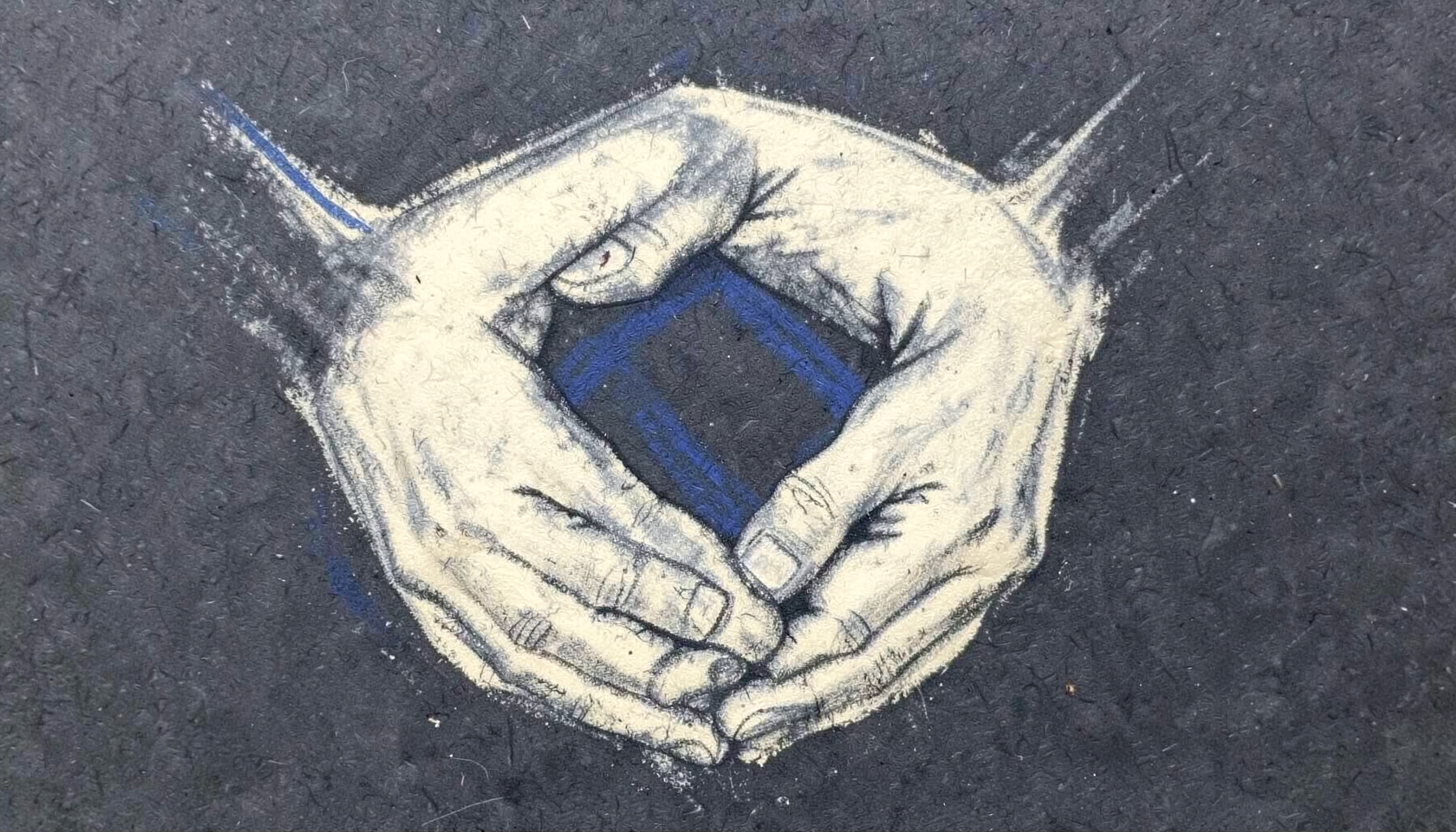 A broad charcoal drawing of interlocking hands forming a circle, rendered in deep slate grey and soft cream tones against a textured dark background, conveying unity and collective strength.