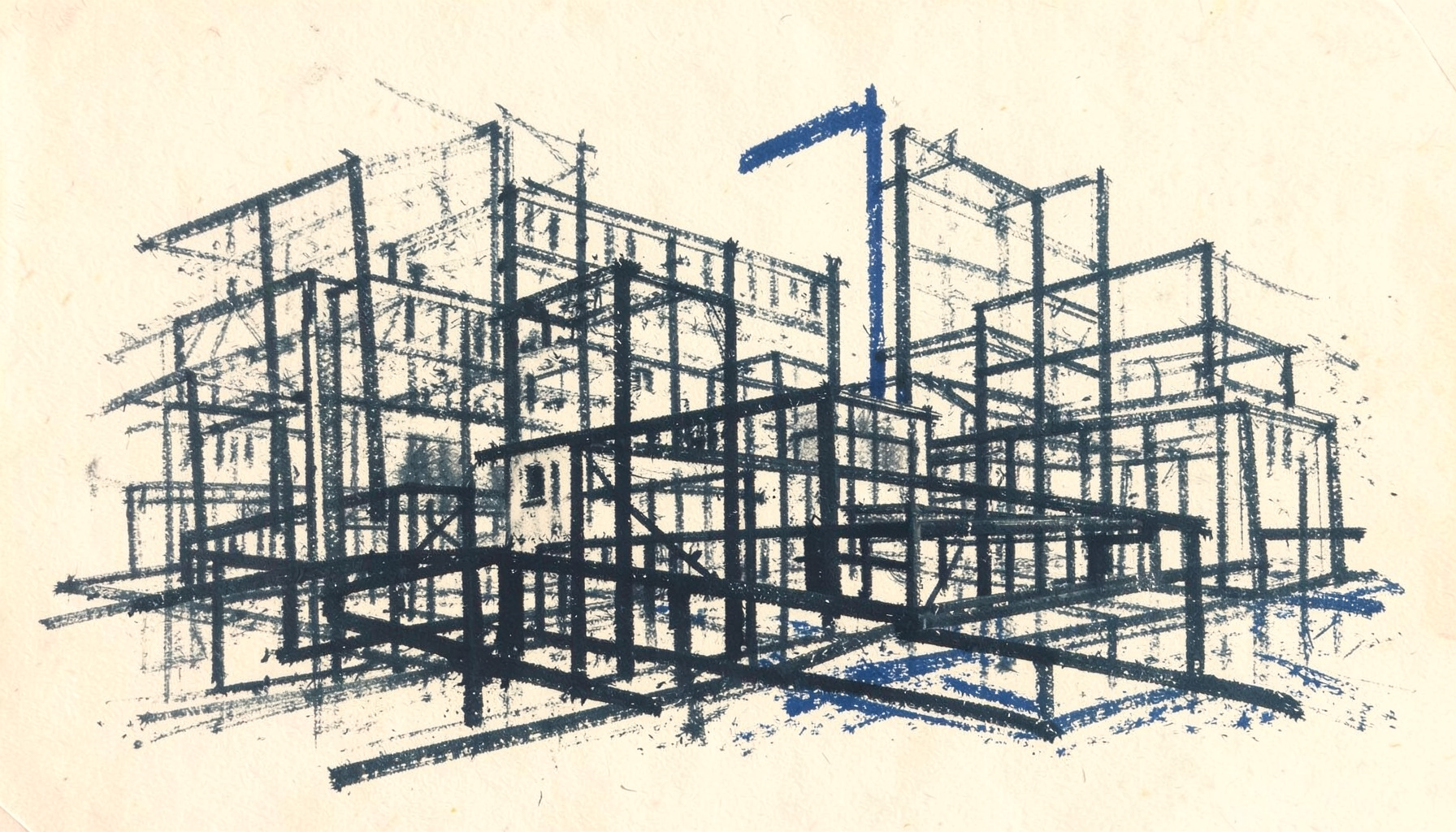 A bold charcoal drawing of interconnected office buildings and infrastructure lines, rendered in deep grey strokes against a warm off-white background, conveying resilience and continuity.