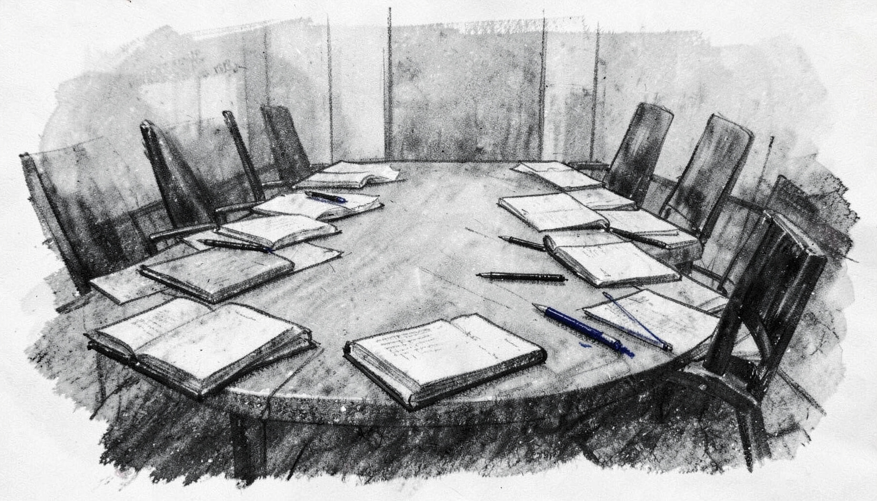 A charcoal drawing of a long conference table with open notebooks and pens, soft grey and charcoal tones, quiet and focused atmosphere