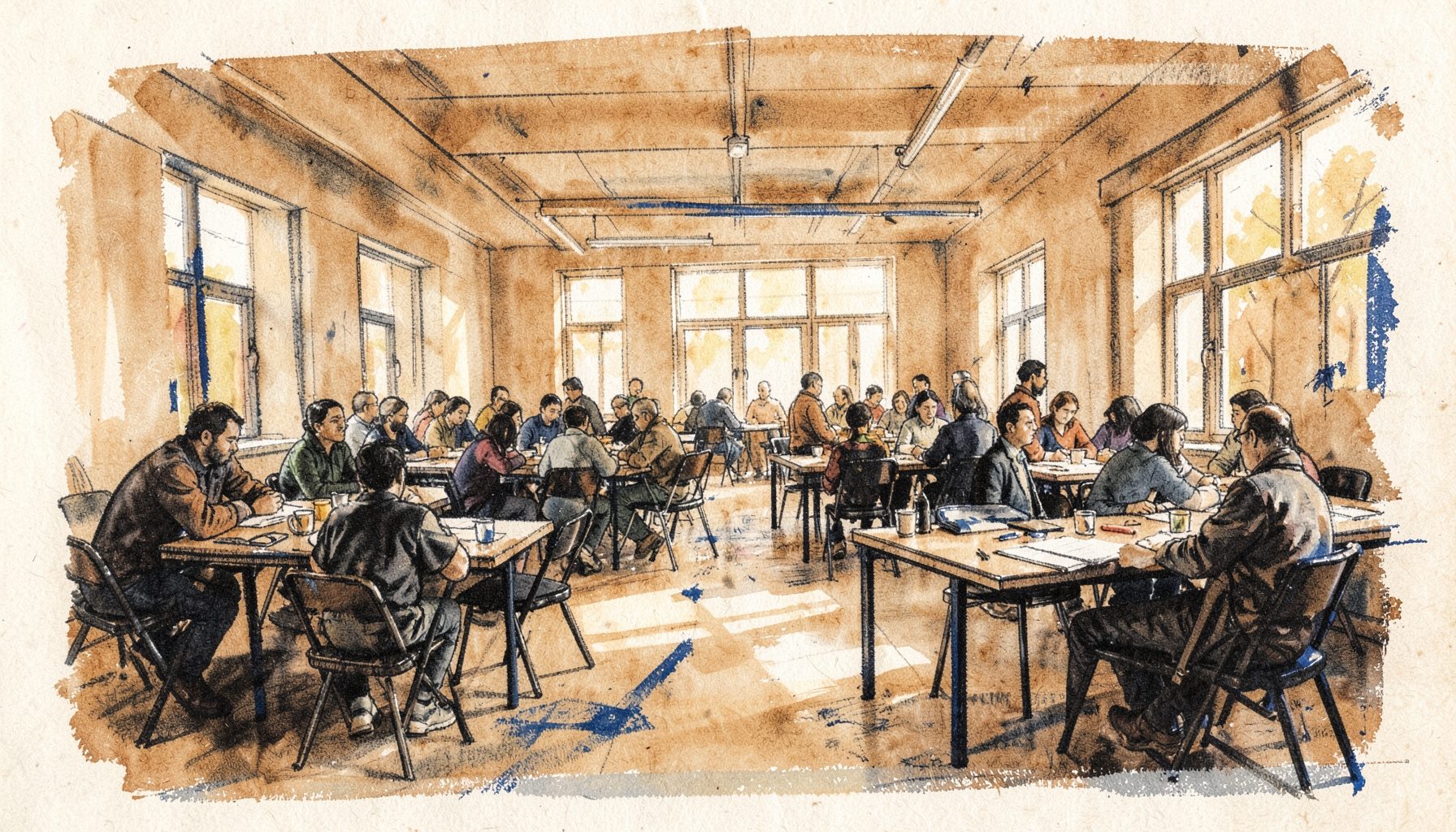 A wide view of a community gathering space with tables set up for volunteer coordination, warm earth tones and soft natural light filling the room.