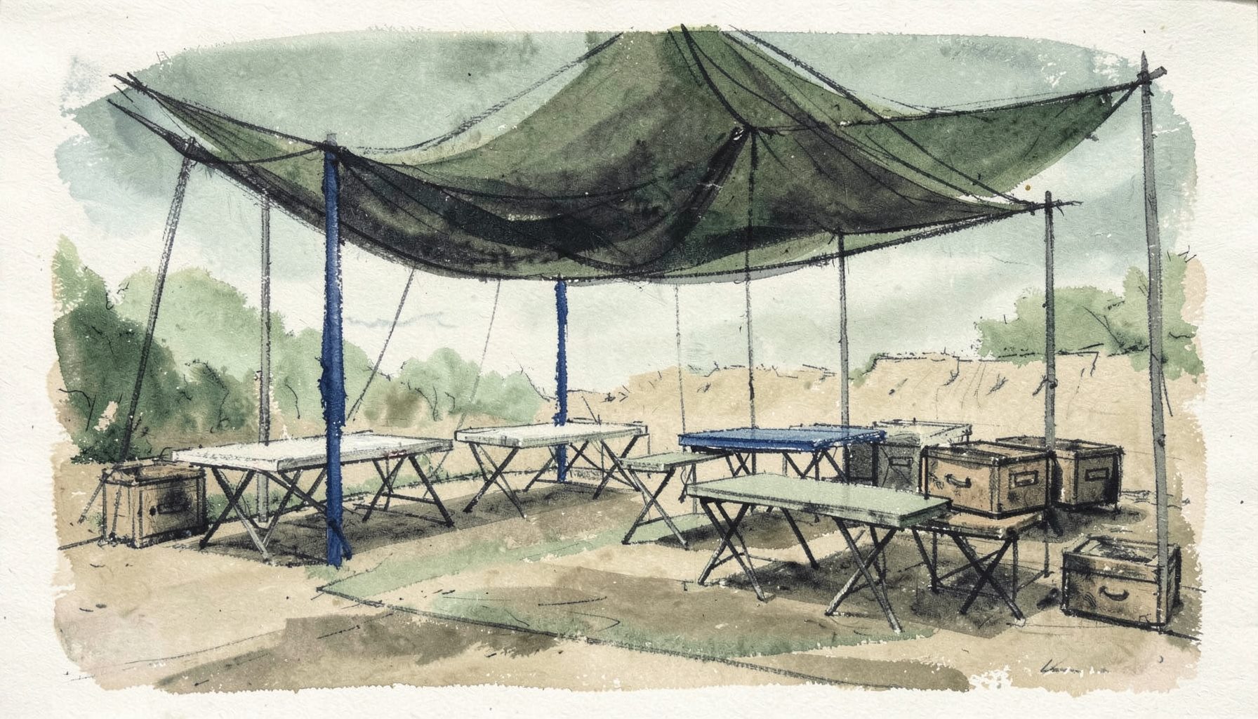A quiet outdoor staging area with folding tables and supply crates arranged under a canopy, muted greens and sandy beige tones under an overcast sky.