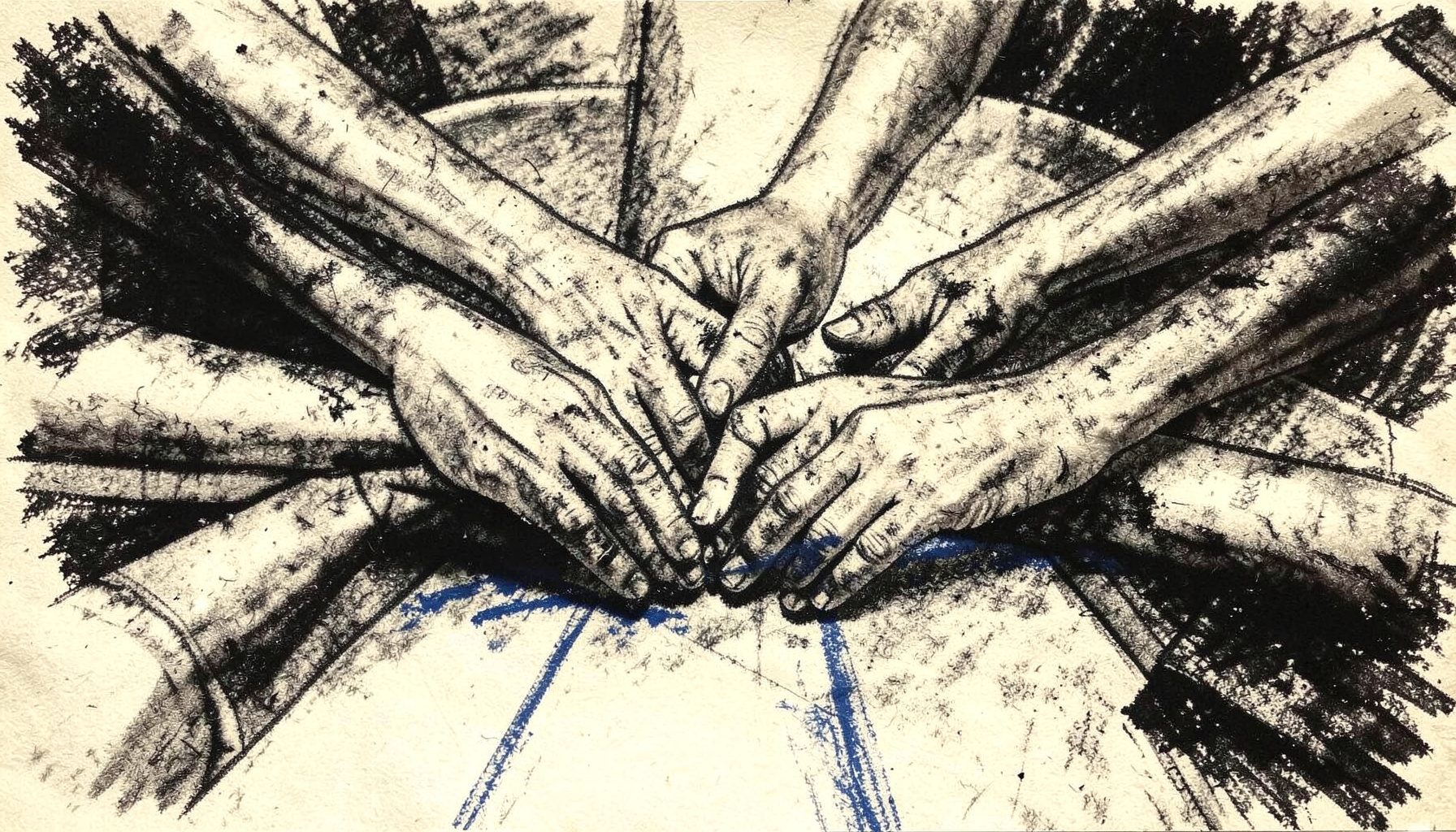 A bold charcoal drawing of diverse hands joined around a table, strong contrast, warm grey and ivory tones