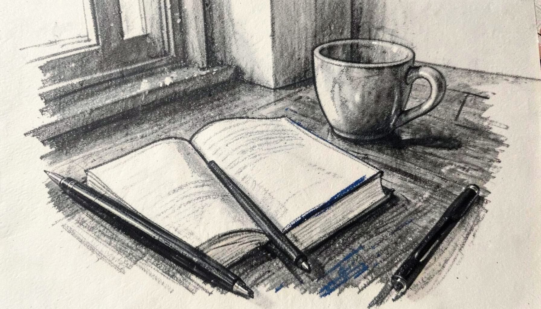 A bold charcoal sketch of an open notebook and pen on a table beside a cup, soft window light, quiet contemplative mood in grey and cream